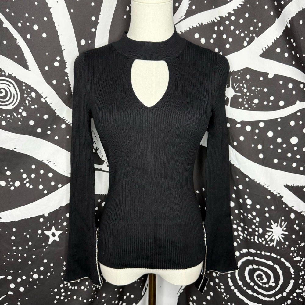 INC International Concepts Black Ribbed Keyhole Crewneck Sweater